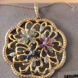 Emerald Ruby and Sapphire Necklace Diamond Accent 18kt over Sterling Silver